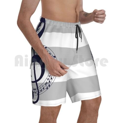 Navy Blue Music Notes On Silver Gray And White Stripes Beach Shorts Men Beach Pants Swim Trunks Music Notes Treble