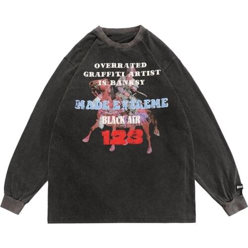 Hip Hop Sweatshirt Hoodie Men Vintage Horse Print Letter Patch Pullover Baggy High Street Hipster Distressed Streetwear