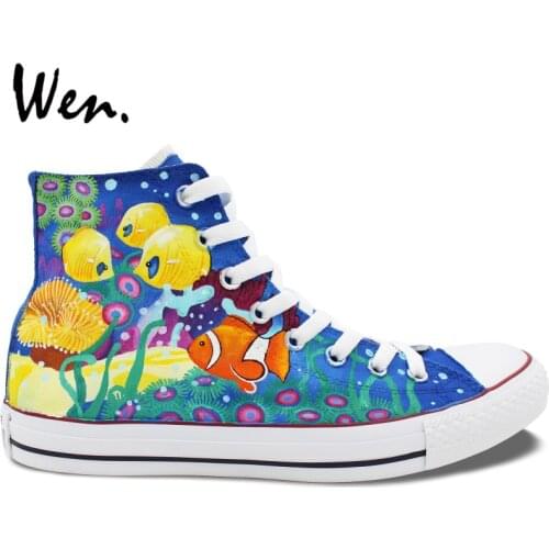 Wen Men Womens Hand Painted Shoes Design Custom Sea Creatures Coral Clownfish Nemo High Top Canvas Sneakers for Boys Girls