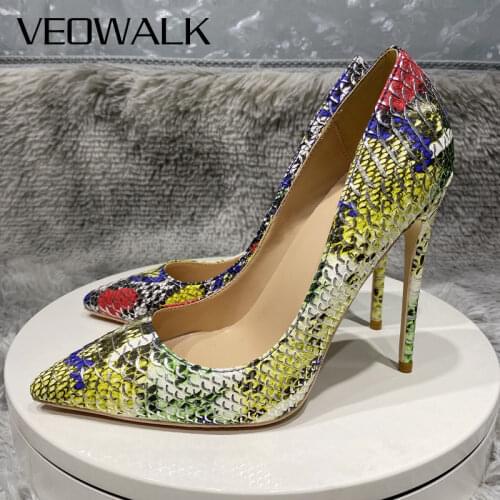 Veowalk Multi-Color Croc Effect Women Sexy Pointed Toe Stiletto Pumps Slip On Extremely High Heel Party Dress Shoes Size 3 11 12