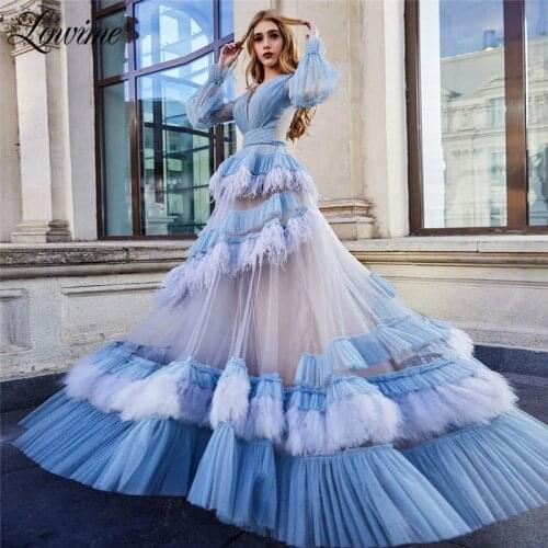 Couture Feather Women Evening Dresses 2020 New Arrival Long Sleeves Middle East Dubai Arabic Kaftans Long Party Gowns Prom Dress