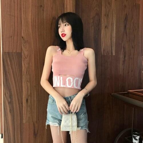 Off Shoulder Backless Spaghetti Women Tank Top Fashion Letter Embroidery Sleeveless Knitted Crop Tops