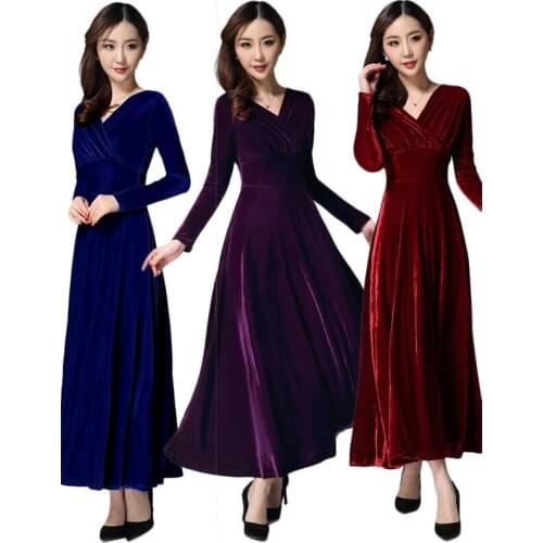 Autumn Winter New Gold Velvet Dress Vintage Slim Large Swing Long Sleeve V-Neck Maxi Elegant Party Dresses Vestido Plus Size 3XL