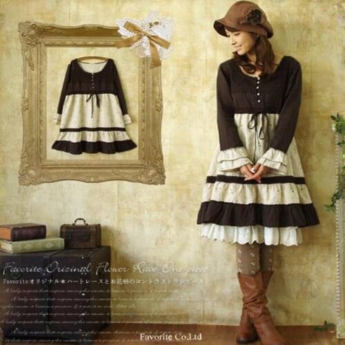 Japanese Mori Girl Sweet Lolita Floral Printed Patchwork Dress Women Casual Loose Full Sleeve Cotton Female Kawaii Cute Dress
