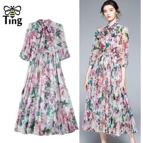 Tingfly Summer Floral Print Bow Collar Light Chiffon Midi Long Dress Party Dresses for Women Casual Aesthetic Clothes Elbise Za