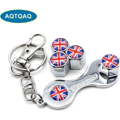 5Pcs/Set England Flag Style Anti-theft Car Wheel Air Tire Valves Tire Valve Caps Stem with Wrench Keychain Ring Spanner New