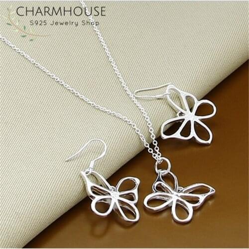Charmhouse Silver 925 Jewelry Sets For Women Butterfly Pendant Necklace Earrings 2pcs Costume Jewelry Accessories Bijoux Gifts