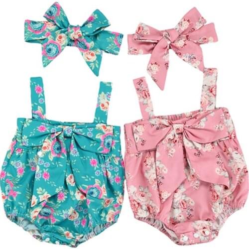 2Pcs Newborn Baby Girls Romper 2021 Summer Floral Print Sleeveless Strapless Bow Romper Jumpsuits Toddler Baby Clothes 0-24M
