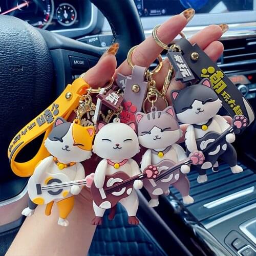 Creative Playing Guitar Cat Keychain Personality Cartoon Funny Car Key Pendant Fashion Bag Key Ring Ornament for Couple Friends