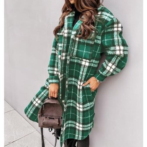 2021 Spring Checked Women Jacket Turn Down Overcoat Warm Plaid Long Coat Oversize Thick Woolen Blends Female Streetwear