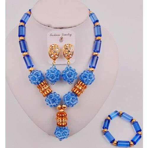 Fashion Nigerian Wedding Womens Necklace Sky Blue African Beaded Jewelry Set ZQ7-3