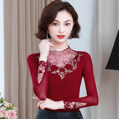 Fashion Womens Spring Autumn Lace Shirts Womens O-Neck Long Sleeve Womens Elegant Embroidery Casual Lace Blusas Tops DD8291