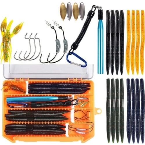 Fishing Worm Bait Bass Lures Kit Fishing Accessories Set Silicone Wacky Rig Hammer Shrimp Crank Hook with Storage Box