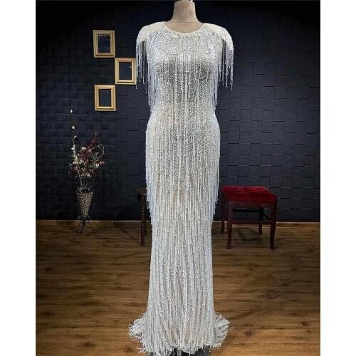 2020 New Luxury Mermaid Long Evening Dresses Prom Gown Pearls Beaded Tassels Vintage Arabic Formal Party Gown Robe De Soiree