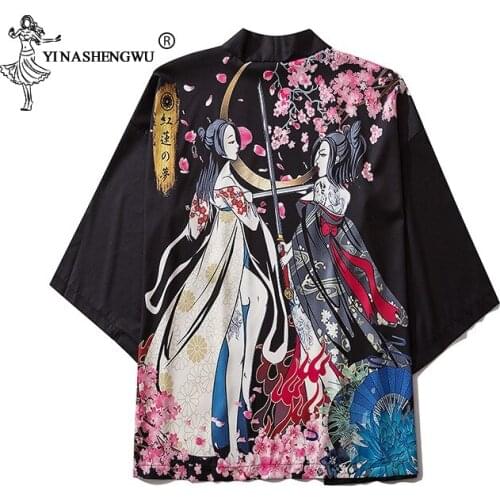 New Character Print Japanese Kimono Yukata Style CraneHaori Men Women Cardigan Summer Beach Coat Traditional Japan Asian Costume