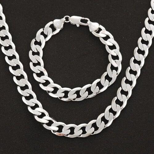 Top Quality Mens Jewelry Sets White Gold Filled Plain Curb Link Cuban Chain Necklace & Bracelet Set (24" & 8.26")
