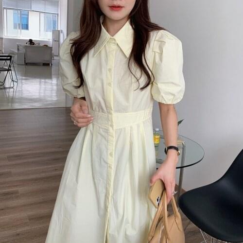 Single Breasted Summer Dress Korean Loose Shirts Dress V-Neck Puff Sleeve Casual Solid Elegant Party Dress Vintage French