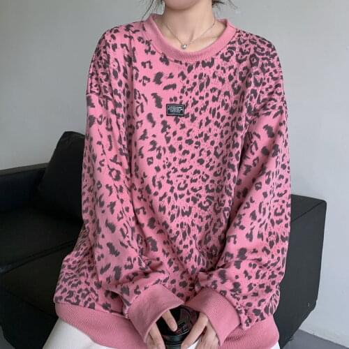 Autumn/Winter Sweet Girl Korean Fashion Woman Pink Leopard Style Gothic Harajuku Punk Tops Preppy Girl Elegant Women Pullovers