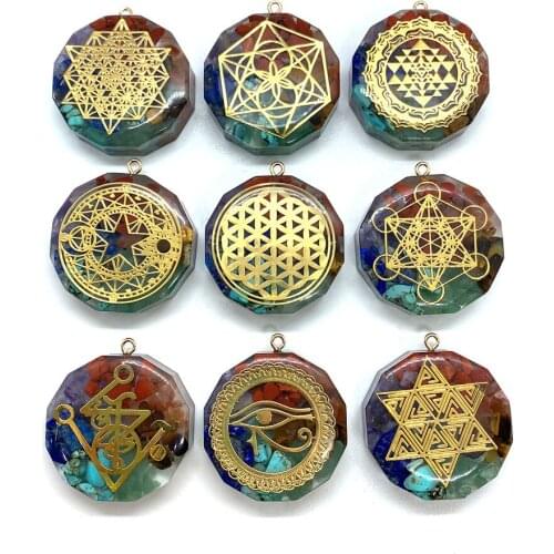 Natural Round Semi-precious Stone Resin Seven Chakras Retro Aura Pendant Energy Pendant Pendulum Necklace Jewelry Accessories