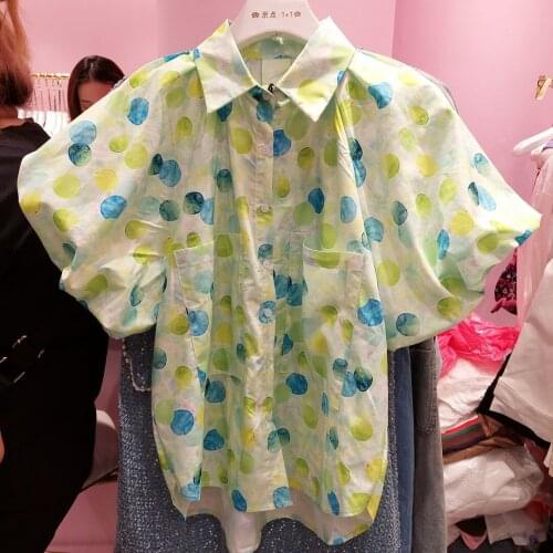 Sweet Puff Sleeve Light Green Dot Print Loose Shirt Women All-Matching Summer Blouse Blusas Camisas De Mujer 2021