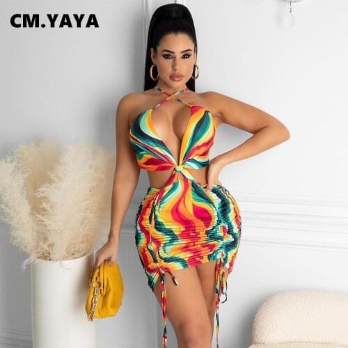 CM.YAYA Women Drawstring Ruched Bodycon Women Midi Dress Sexy Night Party Clubwear Halter Neck Sleeveless Pencil Dresses