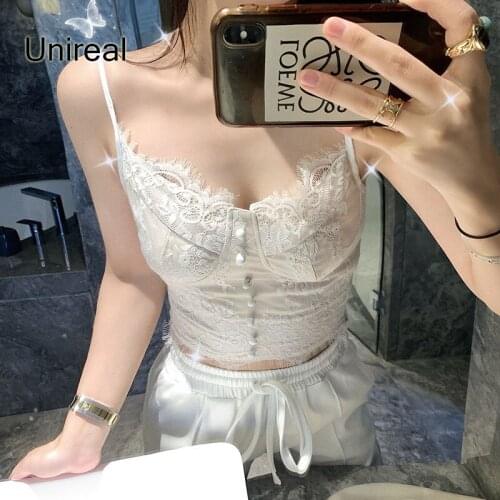 Unireal 2021 Summer Women White Lace Tank Tops Black Spaghetti Strap Camisole Club Wear Basic Sexy Crop Tops
