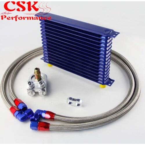 Universal 15 Row 262mm AN10 Engine Transmission Oil Cooler Trust Type + Aluminum Filter Adapter Kit Silver/Blue/Black