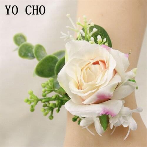 YO CHO Champagne Bridal Wrist Corsage Flowers Wedding Boutonnieres Men Brooch Pins Groomsmen Prom Boutonniere Artificial Rose