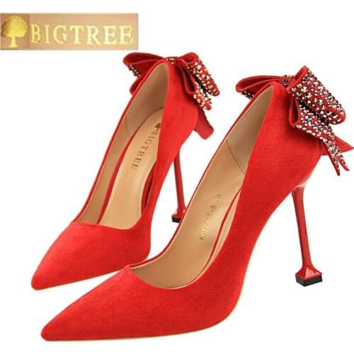 Sexy Nightclub women pumps Fine with 9.5CM Thin High heel Suede Shallow mouth Pointed Rear Rhinestone Bow tie