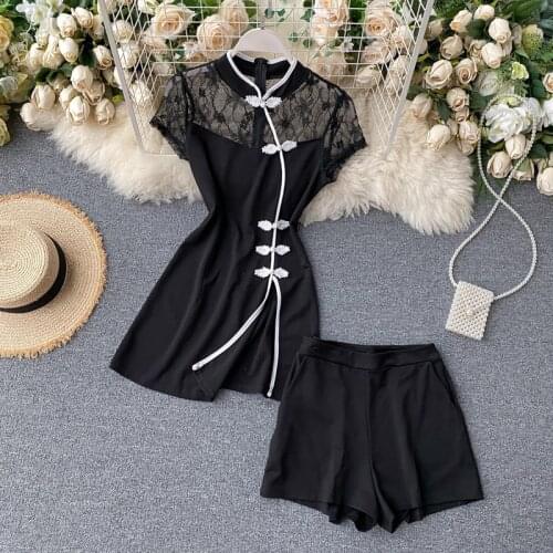 Set 2021 new female lace short-sleeved dress and shorts two-piece set retro buckles tops and short trousers set