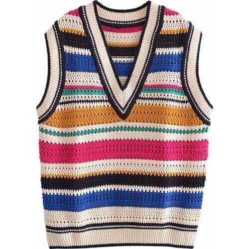 Za Women Personalized Color Stripe Stitching Knitted Vest Sweater V-neck Vintage Sleeveless Female Waistcoat Chic Tops