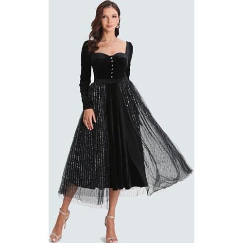 Autumn New Ladies Black Mesh Square Neck Long Sleeve Lace High Waist Velvet Casual Long Swing Dresses
