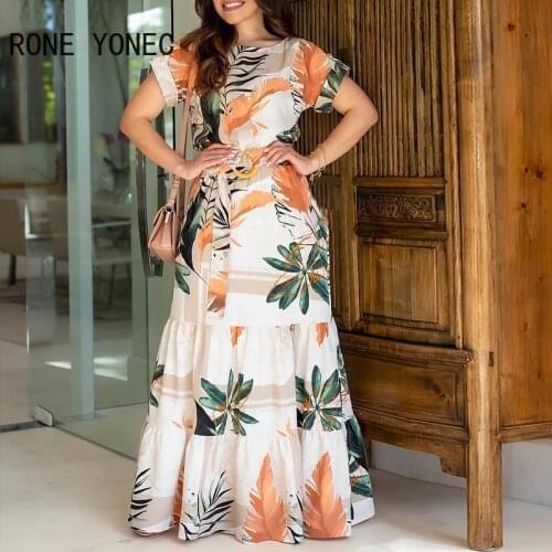 Women Tropical Print Short Sleeve Maxi Dress Casual Dress Vacation Dress 2021