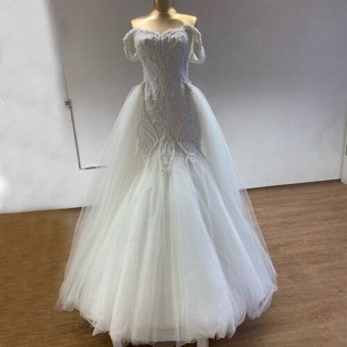 YiMinpwp Mermaid Wedding Dresses With Detachable Train Off Shoulder Lace up Back Sweep Train Major Beading vestidos de novia