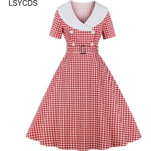 LSYCDS 1950S Vintage Plaid Dresses Elegant Midi Rockabilly Dress Women Summer Patchwork High Waist Cotton Pinup Dresse