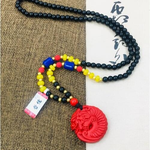 Zheru natural cinnabar carved red curved dragon pendant with cinnabar bead necklace men and women sweater chain