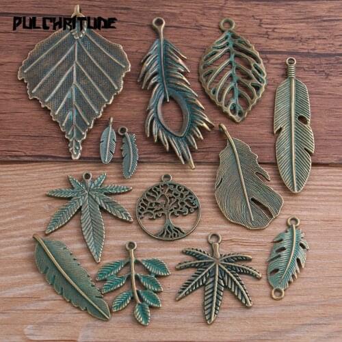 13 styles 2-30pcs Mix Green Bronze Metal Zinc Alloy Leaves Charms Fit Jewelry Medical Plant Pendant Charms Makings