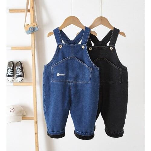 Childrens Denim Overalls 2020 Winter Kids Korean Solid Loose Casual Jumpsuit Baby Boys Girls Plus Velvet Warm Overalls Pants