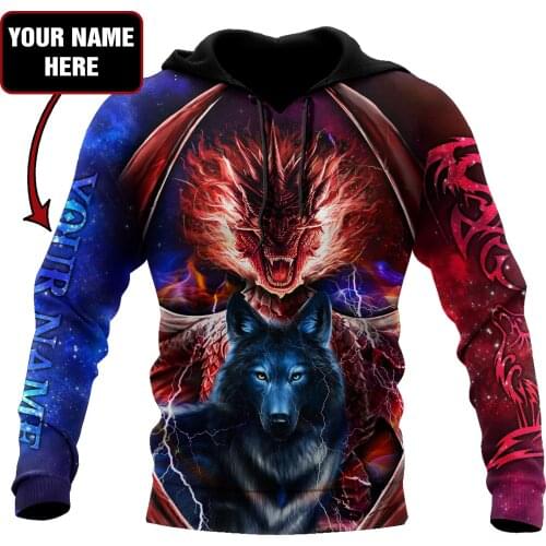 Dragon And Wolf Custom Name 3D Printed Autumn Men Hoodies Unisex Casual Pullover Zip Hoodie Streetwear sudadera hombre DW0535