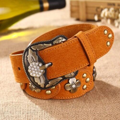 Korean retro womens belt womens Rhinestone inlaid womens Pigskin joint rivet belt Jeans Belt widened