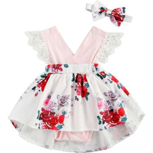 Citgeett Summer Newborn Baby Girls Lace Fly Sleeve Dress V-neck Floral Printed Bodysuit Bow Hair Band Tutu Skirts Clothes