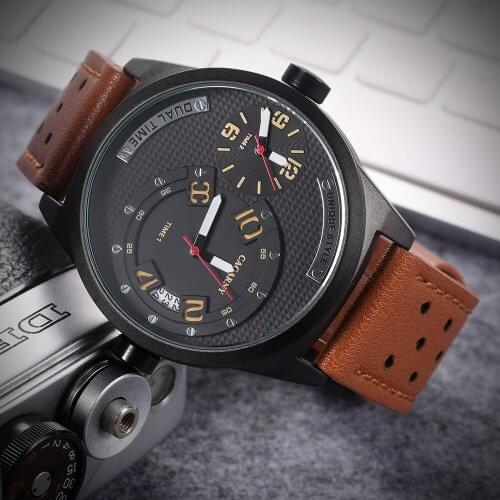 Mens Watches Luxury Brand Cagarny 6816 Leather Strap Quartz Dual Time Zone Analog Date Men Sports Military Oversize Wristwatch