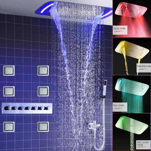 Luxury Europe Design LED Rain Shower Head Set 6 Function Wall Mounted Ceiling Waterfall Rainfall Mistfall LED Shower Heads Set