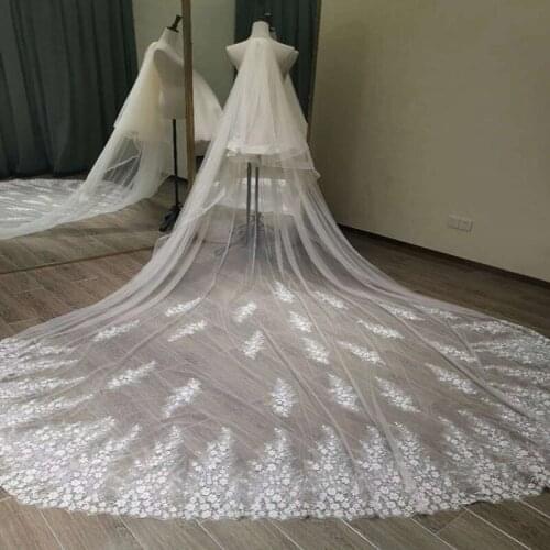 Real Photo Wedding Veils With Lace Applique Edge Long Cathedral Veil Bridal Veil 2 Layers Tulle Custom Made Bridal Veils