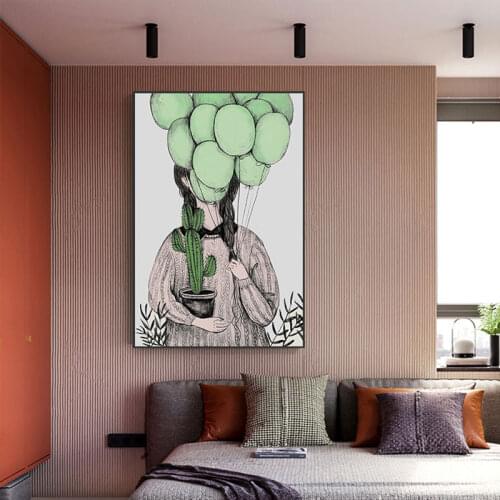 Posters and Prints Lovely Balloon Girl Nordic Green Cactus Canvas Painting Cartoon Wall Art Pictures for Living Room Decor