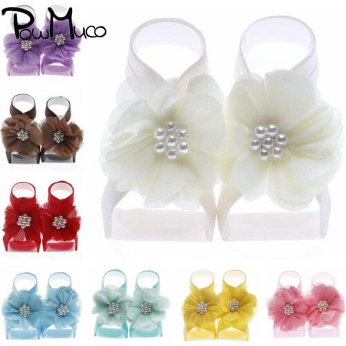 Powmuco Hand Sewing Beads Floral Baby Barefoot Sandals Solid Color Flower Infant Foot Decoration Birthday Gift Photography Props