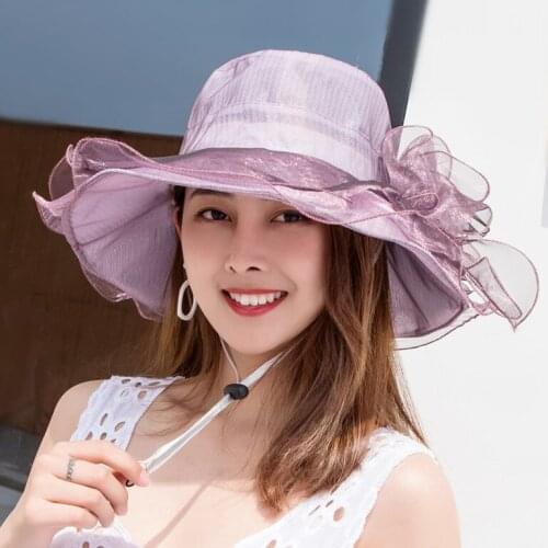 Ladies summer new style organza large-brimmed sun hat foldable sunscreen beach sun hat flower mesh top hat