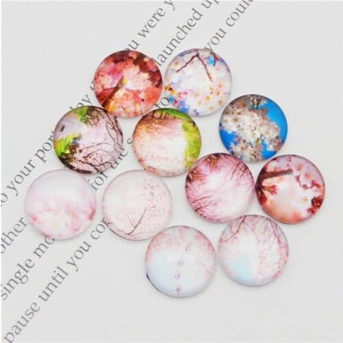 Julie Wang 8-30mm Glass Cabochons Mixed Pink Cherry Blossom Patterns Fat Back Round Sakura Flower Demo Jewelry Making Accessory