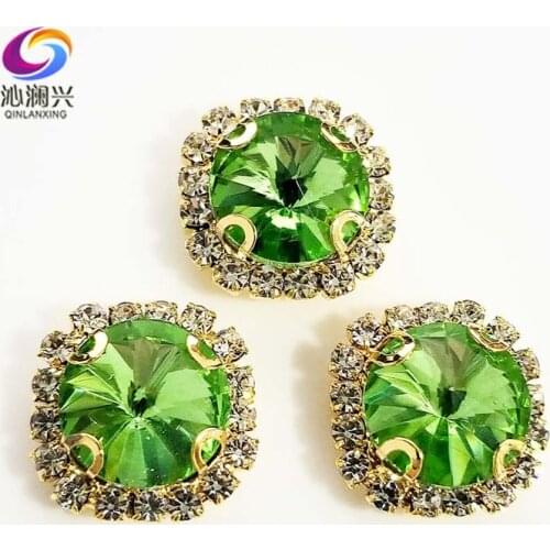 Light green Round shape top glass crystal rhinestones with hole,golden bottom sew on stone for Diy Clothing accessories