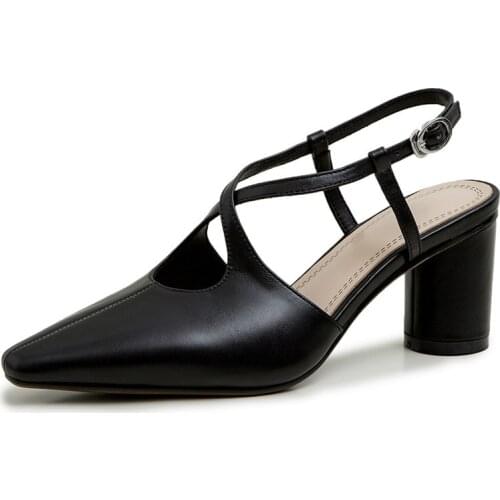 Genuine Cow Leather High Heels Shoes Women Block Heel Slingback Pumps Pointed Toe Dress Office Shoes Woman 2020 Spring Footwear